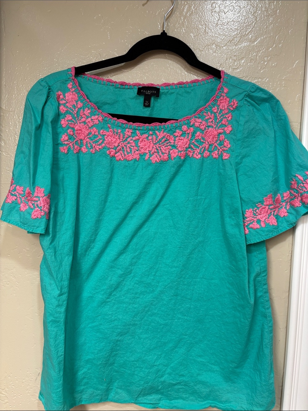Talbots Teal Short Sleeve Top with Pink Floral Embroidery Large Petite